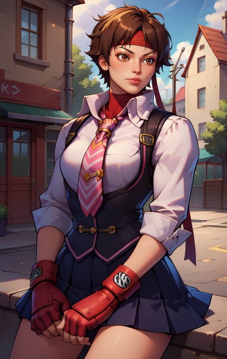 score_9, score_8_up, score_7_up, BREAK,  <lora:Sakura:1> sakurasfvSDXL, 1girl, solo, short hair, black skirt, brown hair, shirt, gloves, brown eyes, school uniform, standing, cowboy shot, necktie, black vest, lips, headband,  kasugano sakura, street background, sitting