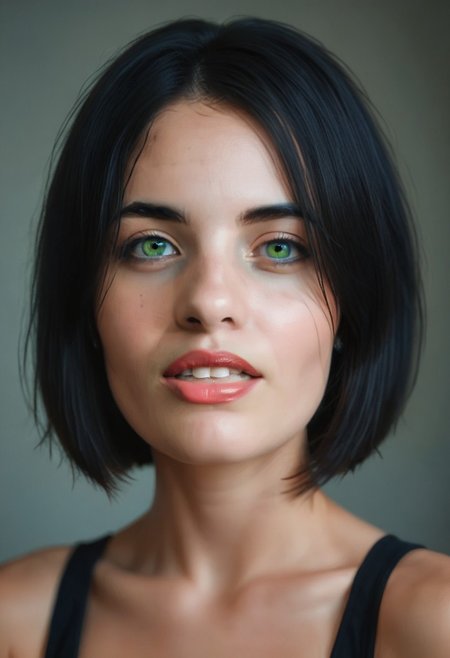 realistic, 42yo girl, short bob black hair, green eyes, UHD, photorealistic, best quality, masterpiece, 16K, cinematic