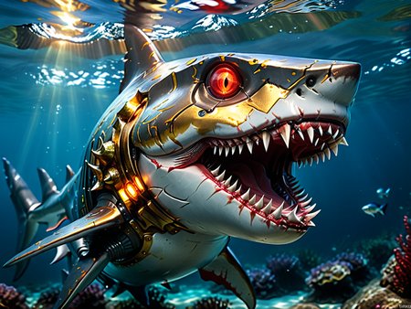 score_9_up, score_8_up, score_7_up, masterpiece, best quality, highres, absurdres, armored shark, metal armor, golden detail, red glowing eye, animal focus, swimming,  <lora:add-detail-xl:1>, Unreal Engine. glowing mouth,