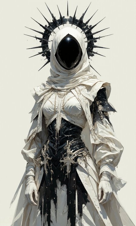 A medium, eye-level shot showcases a digital artwork of a figure adorned in an elaborate, futuristic, white-and-black costume, set against a plain, white background, the overall aesthetic is a blend of high-fashion, gothic, and celestial elements, creating a striking, almost otherworldly appearance. The figure, whose face is completely obscured by a black void beneath a white hood, with its Body pose is standing tall and facing the camera directly, creating an imposing and enigmatic presence, and the pose is static and symmetrical, emphasizing the intricate details of the costume. The image Composition relies on sharp lines, smooth gradients, and a stark contrast between black and white, with subtle hints of silver, creating a sense of futuristic elegance. A large, black, spiked halo-like structure encircles the figure's head, resembling a crown of thorns or a stylized sunburst, with the spikes extending outwards, dominating the upper portion of the image, and a bright spot right on the top of the head. The figure is draped in a flowing, white, satin-like cloak or robe, which covers most of its body, with The cloak features intricate details, such as sheer, layered sleeves with black trim, and delicate, silver embellishments along the edges, and draped elegantly. Beneath the cloak, a black, form-fitting bodice or corset is visible, adorned with sparkling details that resemble a starry night sky, with The bodice features a central, ornate design resembling a stylized cross or celestial symbol, and long, black, fringe-like elements hang from the bottom of the bodice, adding movement and texture. Delicate silver chains and embellishments are draped across the figure's chest and shoulders, adding to the overall celestial and regal aesthetic, all of that is on a Background, is pure white and completely unadorned, The lighting is bright and even, seemingly coming from the front, illuminating the figure uniformly and casting subtle shadows beneath the folds of the cloak and the halo's spikes., <lora:FLUX-daubrez-DB4RZ-v2:0.35> DB4RZ, DB4RZ style painting
<lora:ILLUSTRATION (FLUX) - V3.1:0.35> illustranion