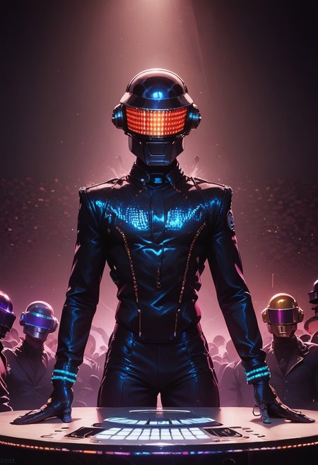 score_9, score_8_up, score_7_up, rave, helmet, skintight bodysuit, dj, Tron, mix table, concert, dark tone, bright lasers, edm, edm concert, high energy, edm mix, highly detailed, intricate, zzCitronLegacy, daft punk, daft punk helmet