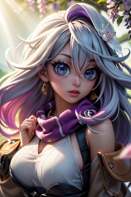 , (best quality, masterpiece, colorful, highest detailed), dynamic pose, pose <lora:backlight_slider_v10:-1> <lora:eye_size_slider_v1:3>, ((((light rays)))), lens flare, 
a cartoon character with big eyes, round eyes, messy hair, curly hair,  with a trench coat and a scarf on her head, wearing a trench coat and a scarf around her neck, Artgerm, trending on artstation, closed mouth, 
 architecture, bird, boat, branch, bridge, cherry blossoms,  east asian architecture, falling petals, flower, hanami, in tree,  outdoors, pagoda, path, petals, petals on liquid, pink flower,  plum blossoms, pond, river, scenery, sitting, s spring \(season\), tree, tube, water, wind, wisteria, 
(ultra-detailed body),  (beautiful background:1.3), (intricate details), (dynamic angle)
