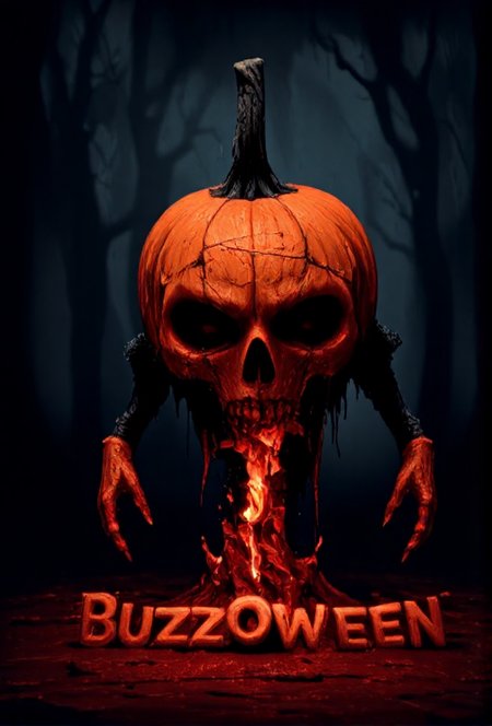 Volumetric Lighting, wide angle, spacious open spooky landscape, highly detailed, intricately textured details, ornate backgroundf and foreground elements, creepy, blood curdling, spooky, moody, dark, evil, awful, terror, a highly detailed, digital realistic graphics of the scariest most horrifying and terrible jack-o-lantern pumpkin monster in the world ever caught on film, terrifying, demonic pumpkin carved up, knife sticking out of its head, otherwordly, ethereal, the last thing you see before you die, ornate, intricate, finely detailed hair and skin and feathers and fur and scales textures <lora:Acid-G-style:0.32>, <lora:aidmaAbadonedHorror:0.46>, <lora:aidmaImageUpgrader-FLUX-V0.1:0.55>, <lora:aidmaTextImproverv0.3:0.6>, <lora:Blood_And_Gore-Flux-V1_0:0.65>, <lora:ChimeraFallinFor_Flux:0.22>, <lora:cybersocietyV11:0.36>, <lora:Dave_McKean_Style_Flux_V3:0.33>, <lora:detailed photorealism style v3:0.41>, <lora:Disgustor:0.24>, <lora:Ethereal:0.54>, in the style of scary stories to tell in the dark animation, and across the bottom thre's a pool of blood that spells out "BUZZOWEEN" with a cartoon lightning bolt glowing laying next to the blood, glow effects, godrays, Hand drawn, render, 8k, octane render, cinema 4d, blender, dark, atmospheric 4k ultra detailed, cinematic, Sharp focus, big depth of field, Masterpiece, colors, 3d octane render, 4k, concept art, trending on artstation, hyperrealistic, Vivid colors, extremely detailed CG unity 8k wallpaper, trending on CGSociety, Intricate, High Detail, dramatic, light depth, dramatic atmospheric lighting, Volumetric Lighting