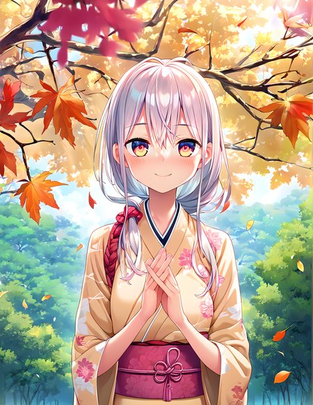 <lora:pony_xl_Fumino:0.8>,Fumino,score_9,score_8_up,score_7_up,source_anime,1girl,solo,looking at viewer,japanese clothes,print kimono,floral print,wide sleeves,obi,day,nature,grove,falling leaves,the dappled sunlight that filters through the leaves of trees,sunny weather writing,strong rim light,lens_flare,hair fluttering in the,cowboy_shot,smile,light_blush,own hands together,