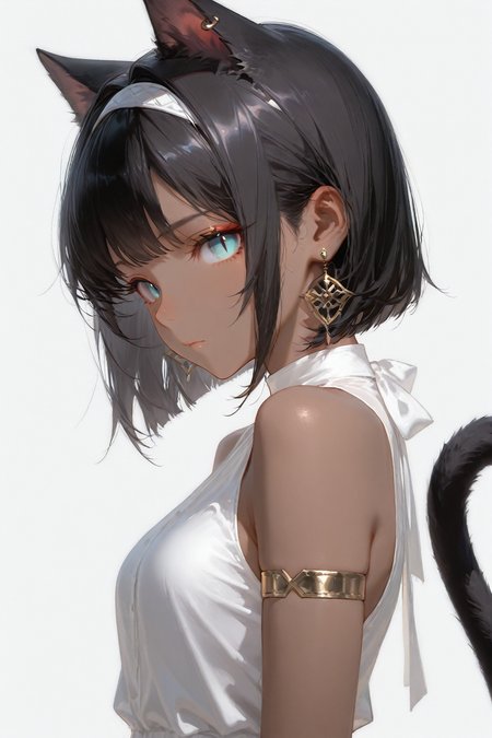 masterpiece,best quality,1girl,solo,tail,animal ears,cat ears,cat tail,simple background,dark-skinned female,black hair,cat girl,jewelry,looking at viewer,earrings,short hair,dark skin,slit pupils,closed mouth,grey background,hairband,shirt,bare shoulders,sketch,white shirt,blue eyes,white dress,upper body,bob cut,tail raised,sleeveless,armlet,white background,piercing,aqua eyes,<lora:mochi:0.7>,mochi,<lora:dilanshengxue-waiNSFWIllustriousv12-v1.5:0.3>,dilanshengxue,cinematic lighting,