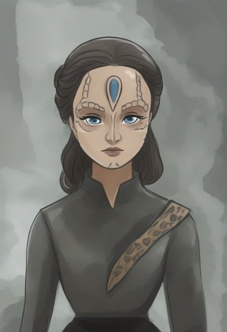 novuschroma57 style flat color cartoon vector of a female c4rd45514nalien, forehead crest, grey skin, ridges, scales, cleavage