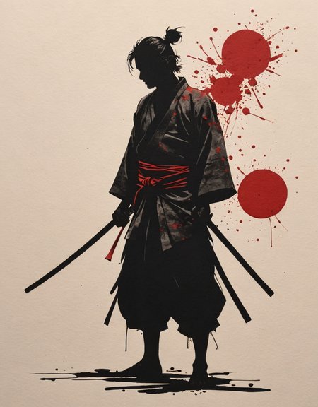ink on paper minimal samurai silhouette, twilight, minimal strokes, wabi-sabi, henna and carmine, high contrast