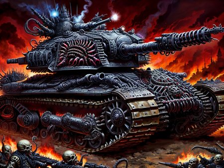 <lora:HorrorAI:.8> CosmicHorrorAI  battle tank, Highly detailed, horror setting, intricate detailed background