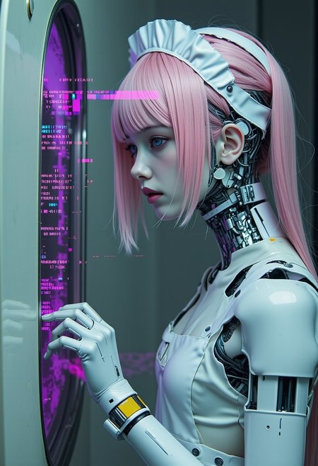 Eerie head Closeup, Upper Body Closeup Portrait, A bleaked atmospheric Photo gl!tchChan with neon purple glitches, a White robot Portrait of a exoskeleton girl with pink bangs hair and eyes, torn Maid Outfit, neon-mist, futuristic cyborg body with exposed wires, cables and mechanical parts, cinematic Angle,  desolate weathered and overgrown with wet moss, Large White and turquoise Art nouveau tiles, datamosh ASCII glitches forming Text messages, system error, time ist ticking
