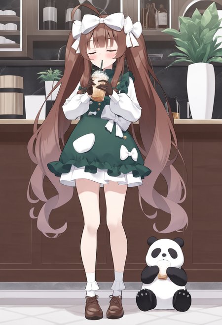 closed eyes, 1girl, long hair, white bow, brown footwear, holding, bow, shoes, hair bow, standing, ahoge, brown hair, twintails, official alternate costume, dress, bangs, full body, drinking straw, socks, long sleeves, white socks, solo, gloves, very long hair, indoors, holding cup, drinking, panda, blush, cup,
 <lora:satoumogumoguNai-style:1>, sg29satoumogustyle, masterpiece,best quality,amazing quality,