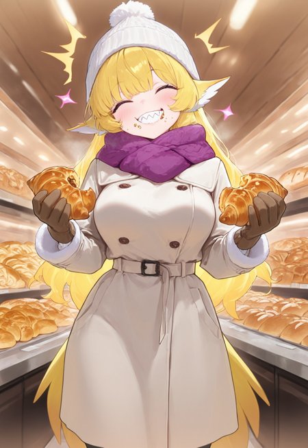 safe_pos, masterpiece, best quality, newest, absurdres, highres, vibrant, highly detailed, very aesthetic, cowboy shot, 
BREAK 
1girl, solo, Lucita Yellow, long yellow hair, bangs, animal ears, tail, closed eyes, sharp teeth, ((adult)), medium breasts, white knitted hat, purple warm scarf, brown fluffy winter gloves, white long warm winter coat, eating an appetizing croissant (pastry), YAY!, crumbs on cheeks, happy, ^^, ^^^, 
BREAK 
indoors, (bakery background:1.5), shop, bread, baguettes, croissants (pastry)