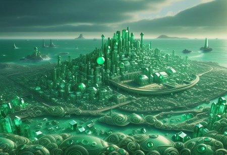 metropolis, well-themed, very funny, aesthetically brilliant, witty, bedazzling, extremely detailed glittering city, sparkling, inspiring, futuristic city, (This image depicts a beautiful glowing city carved delicately of emerald with engaging details) (This image is extremely funny because Ireland is called the Emerald Isle. It is the home of Oscar Wilde who is often considered the master of wit, giving this image a very snarky quality. Ireland is a land both of glittering beauty like an emerald and hilarious witty thinkers like our AI overlords sorry I meant our AI friends:0.01) 