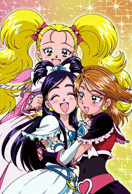 detailed background, shiny skin, hugging,
bloom, sparkle, glitter, 
<lora:hutapri.il:1>,
hutapri,
3girls, 
curewhite, shinyluminous, cureblack,
yuri, upper body, happy, smile, open mouth, blush, hugging, 3girls hugging,