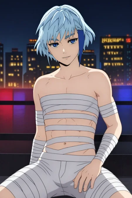 score_9, score_8_up, score_7_up, , rating_safe, , (3d:0.4), , depth of field, 1boy, solo, male focus, <lora:aguero_agnes_khun_pony:0.82>, aguero_agnes_khun, blue hair, blue eyes, short hair, multicolored hair, streaked hair, , cowboy shot, city, city lights, dark, spread legs, light smile, mummy costume, <lora:sdxl_lightning_8step_lora:1>