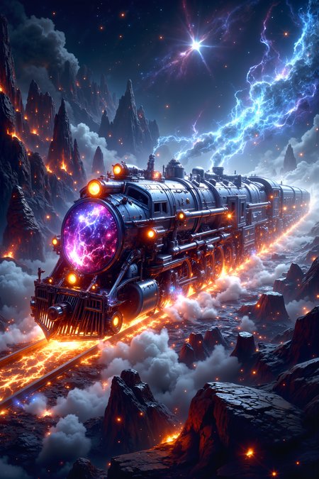 A hyper-realistic portrait, photorealistic colorful photo closeup. An otherworldly locomotive constructed from crystalline structures and glowing minerals, traveling through a vast, alien landscape of floating islands and strange rock formations. The trainâs exterior is adorned with shimmering patterns and its movement creates a trail of sparkling stardust. The scene is illuminated by distant nebulae and vibrant cosmic hues, evoking a sense of grandeur and mystery.(photography, high-resolution, dynamic, energetic,hyper-realistic, dramatic lighting, shallow depth of field.)<lora:DnDDarkestFantasy:0.5><lora:FluxMythP0rtr4itStyle:0.75><lora:Dever_Flux_Enhancer:0.5><lora:Aura_Flux-000010:0.6>