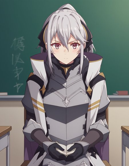 score_9, score_8_up, score_7_up, source_anime, <lora:jeanne-e-anise-s1-ponyxl-lora-nochekaiser:1>, jeanne e anise, bangs, purple eyes, ponytail, hair ribbon, black ribbon, hair between eyes, grey hair, medium breasts,, gloves, black gloves, cape, armor, breastplate, classroom, chalkboard, day time, studying, sitting, chair, desk,, , looking at viewer, hands on stomach, blush,, solo,, cowboy shot, dutch angle