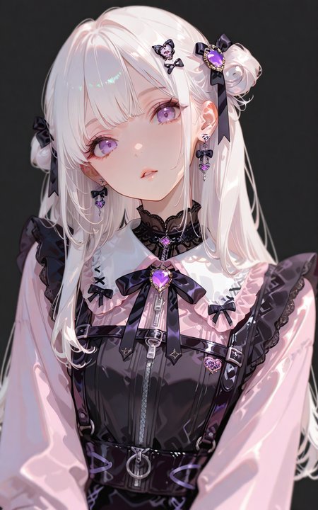 masterpiece, best quality, good quality, very aesthetic, absurdres, newest, extremely detailed, amazing quality, simple background, black background, woman, solo, purple eyes, white hair, bangs, long hair, hair buns, parted lips, gem, jirai kei, zipper, hair ornament, earrings, jewelry, looking at viewer, depth of field, dutch angle, usnr, 748cmstyle, qxys