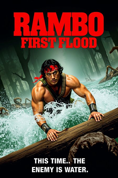 mvpstr. Epic Movie poster titled "Rambo: First Flood," featuring a muscular, bandana-wearing Rambo character caught in a raging flood, desperately clinging to a floating log as he's swept away by powerful currents. His iconic combat gear and bandolier of bullets are soaked and slipping, with water spraying in all directions. His expression is intense but comically determined, struggling against the forces of nature. Background shows a flooded forest with trees and debris floating past. Bold, action-movie-style lettering spells "Rambo: First Flood" at the top, with the tagline "This time, the enemy is water." Intense, cinematic lighting, exaggerated details, dramatic comic-book style, with a slight grainy film texture. <lora:schnell_v1.0:1.0> <lora:EpicMoviePoster-000015:1.0>