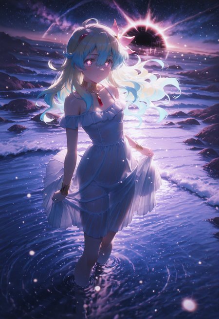 masterpiece, best quality, very aesthetic, absurdres, amazing quality, 

 1girl, nia teppelin,cross-shaped pupils, long hair, two-tone hair, multicolored hair, solo,glowing purple strips, endless sea, long hair, breasts, waves, standing, outdoors, stern eyes, dynamic pose, sundress, wet clothes, closed mouth, reflection, partially submerged black hole, underwater black hole, off one shoulder, orange_event_horizon,glowing, star,cosmic horror, close up, looking at viewer, reality fracture, glitch, abstract, skindentation, distorted perspective,

detailed clothes, detailed background, (sexy, slutty, hot), ink painting background, dutch angle, ultra-detailed face, dynamic light, light particles, beautiful light, soft shadows, raytracing,ambient occlusion, 

 dutch angle,  mitsumi masato,