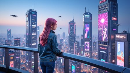 A 20-year-old girl with long pink hair,wearing a distressed denim jacket and form-fitting denim pants,leans slightly on a high-rise balcony railing,observing the lively streets below. The skyline is dominated by high-tech skyscrapers adorned with neon lights,flying drones,and virtual advertisements. She is surrounded by a cool blue and purple glow from the city's countless electronic displays,and a soft wind makes her hair flutter. The feeling of a futuristic megacity pulsates around her.,<lora:kcyberpunk-01:0.6>,kcyberpunk,<lora:yuukananri-base-02-flux:0.8>,yuukananri,she has a slender physique and a petite build,