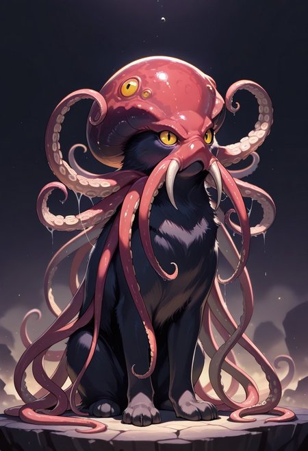 (masterpiece, best quality, high quality, highres), very awa, highres, absurdres,
 (no humans:1.1), (solo:1.2), full body,
(black cat:0.6), (octopus:0.7), (fluffy:0.4), (tentacles:0.7), (multiple limbs:0.7), paws,
fantasy magical library,