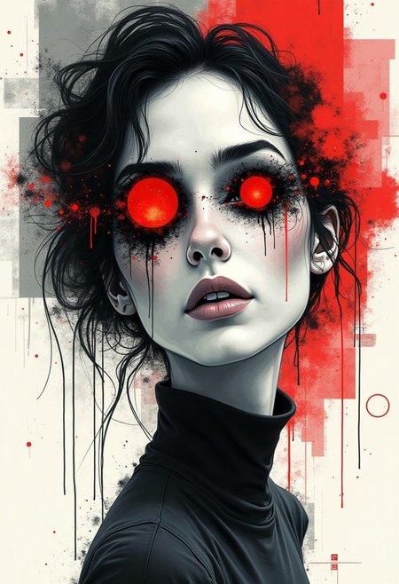 Woman's portrait: her eyes are abstract portals into her soul, showing a constant flux of emotional landscapes within, transitioning into a collage of various abstract shapes and lines, with red accents, composition includes black ink and bold strokes, creating an urban feel, geometric elements in the background, adding to its modern aesthetic, digital illustration technique, contemporary look and feel