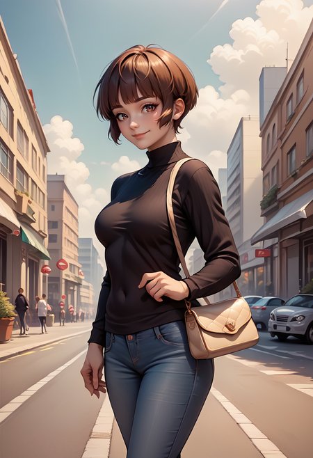 score_9, score_8_up, score_7_up, source_anime, 1girl, solo, closed mouth, smile, looking at viewer, <lora:zs_IsabeauXL:1> isabeausmtiv, brown hair, short hair, blunt bangs, black sweater, medium breasts, jeans, handbag, city street, sky, cloud