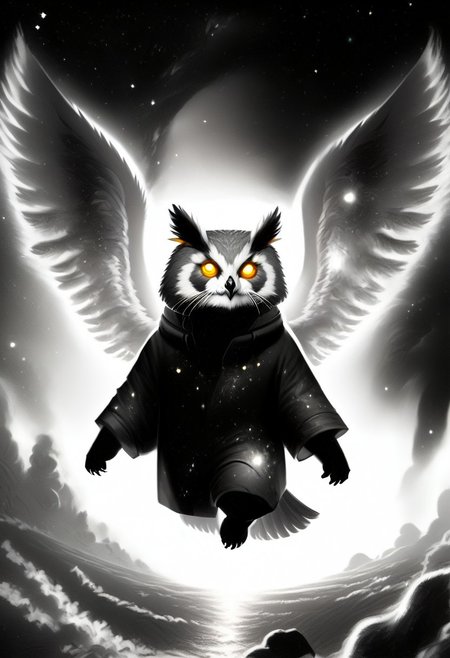 Score_9, Score_8_up, Score_7_up, lora:Navi_Celestial_Skin_PonyXL:1.1 nv-celestialskin, redpandafolk, rabbitfolk, owlfolk, foxfolk, sketch, monochrome, greyscale, YR_GradLight, 0u73r5p4c3, space, planet, nebula, galaxy, asteroid, GalaxyTelepurteSDXL, StarrySkies, scenery, stars (sky), background, night sky, vibrant colored skin, void cosmic body, deep black skin, ethereal silhouette, nebula patterns, animal theme focus, majestic owl