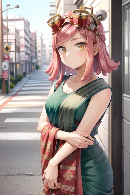 <lora:hatsume-09:0.7> hatsume mei(mha), girl wearing indian saree,1girl solo,pink hair,short hair,goggles on head, pink hair, bangs,symbol-shaped pupils, yellow eyes, happy, looking at viewer, outdoors,cityscape, depth of field, road, tokyo , street photography, upper body, perfect face, curvy, <lora:saree:0.6>,
