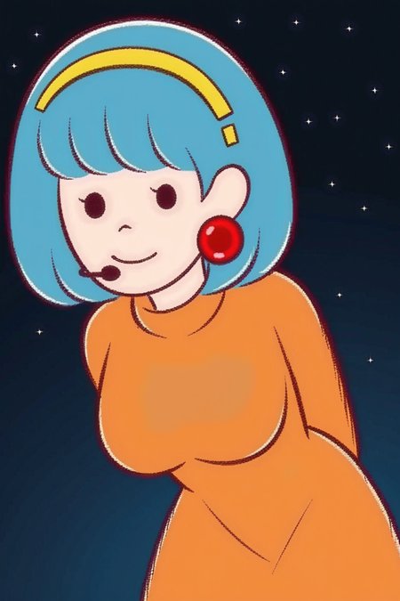 feminine, masterpiece, best quality, newest, absurdres, source_cartoon, cartoon, 1girl, amelia_n, red earrings, medium breasts, leaning forward, seductive, alluring, arms behind back, looking at viewer, orange sweater dress, yellow headband, black eyes, microphone headset, 
BREAK
dynamic background, dark background, stars, night, outdoor,  <lora:Amelia_N_Pony:1>