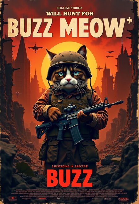 ((((Display the text " will Hunt for BUZZ Meow" on top a movie poster))))
Movie poster for  Overhead shot of the Squad orange Grumpy Cat reimagined as a battle-hardened RUSSIAN special forces in the ruined city in europe. Orange Cat, dressed in rugged russian military gear with a helmet slightly askew, holds a modern assault rifle with a determined yet perpetually unimpressed expression. The ruined city  after war around him is dark and foreboding, with thick foliage, a misty atmosphere that hints at the dangers lurking within. In the background, a10 warthog soar above the treetops, their silhouettes barely visible through the smoky, war-torn red sky at Sunset. The title "will Hunt for BUZZ Meow" is boldly displayed at the top, with a gritty, distressed font that echoes classic war movie posters. The overall tone of the poster is intense and surreal, combining the seriousness of a Gulf War epic with the humorous, deadpan attitude of Grumpy Cat. <lora:schnell_v1.0:0.8>
((((Display the text " BUZZ mercenaries" on a movie poster))))