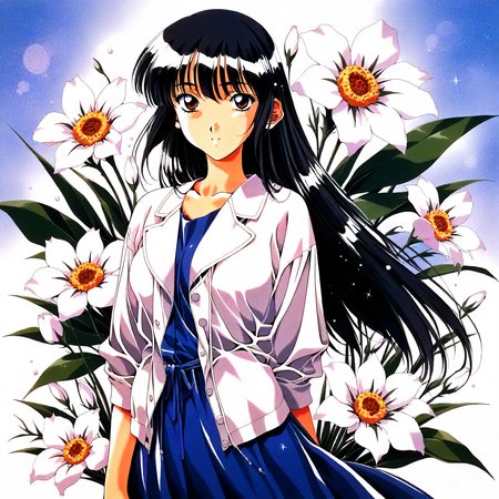 <lora:SG_ayasaki_wakanaXLanimagine001>,
masterpiece,high score,great score,absurdres,
flower background,glitter,
smile,
looking at viewer,
solo,
anime coloring,retro artstyle,1990s \(style\),
ayasaki_wakana\(sentimental_graffiti\),1girl,black hair,long hair,brown eyes,
blue dress,waist string dress,white jacket,button jacket,
cowboy shot,
standing,