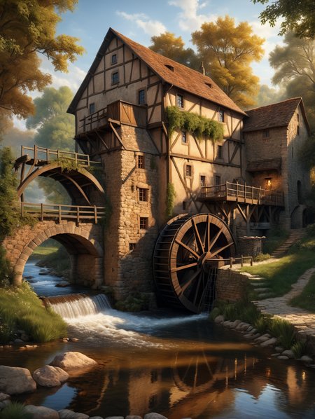 Hyperrealistic art  Oil painting, A picturesque medieval watermill stands on the banks of a calm river, illuminated by the soft light of torches. The clear water flows calmly by while the mill wheel slowly turns submerged in the water, masterpiece, high detail, 8k, intricate, detailed, high resolution, high res, high quality, <lora:add-detail-xl:1.8>, highly detailed, Extremely high-resolution details, fine texture, . Extremely high-resolution details, photographic, realism pushed to extreme, fine texture, incredibly lifelike very detailed face, ray tracing bloom refraction volumetric lighting award-winning wallpaper cinematic masterpiece 8k 4k insane quality ultra high resolution intricate detail hyperrealistic beautiful gorgeous HDR Cinestill Canon 5D