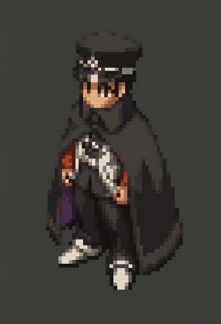 score_9, score_8_up, score_7_up, source_anime BREAK, 1boy, white background, plain background
 <lora:FFT-SpritesV2-pdxl_Fp:1>  looking at viewer, straight-on, full body, standing, solid oval eyes, no mouth, no nose, pixel art,
 <lora:zs_RaidouXL:1> raidoudsrk, short hair, black hair, black eyes, shako cap, gakuran, pants, cape, white holster