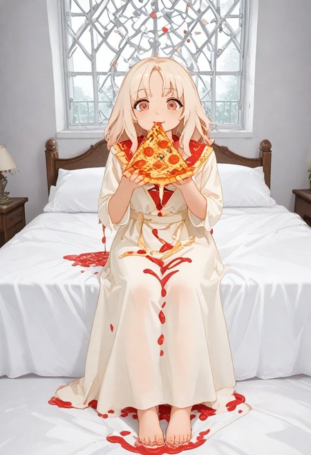 red slime girl ((eating pizza)) pizzasdx, looking at viewer (pizza melting:1.5) medieval bedroom background, masterpiece, full body sitting on bed, white bed, bed, white sheets, window, good light, perfect hands, good hands (hands on pizza) pizza