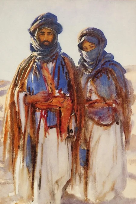 johnsingersargent3 painting
A man and a woman dressed in traditional Bedouin robes and headscarves stand close together. On the left is the bearded Bedouin man wearing a garment that features red and orange patterns. On the right is the Bedouin woman, her face partially covered by her headscarf. <lora:johnsingersargent3_cap_d8a4e12:1.0><lora:859933918793628776:0>