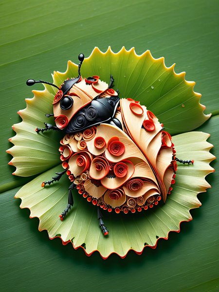 a ais-pencilshavings ladybug, sat on a green leaf <lora:Pencil_Shavings_Style_SDXL:1>  <lora:EnvyBetterHiresFixXL01:0:hr=1>