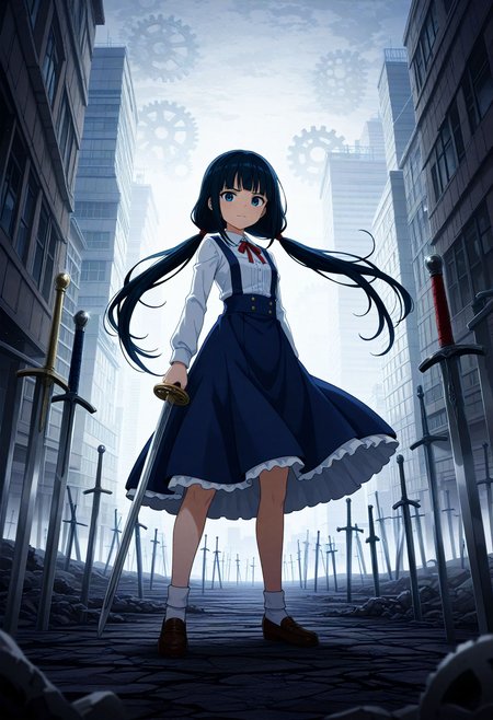 masterpiece, best quality, high quality, highres, absurdres, insanely detailed, amazing quality, very aesthetic, newest,  Anime screencap, zPDXL3, sfw
<lora:Hyper-SDXL-8steps-lora:1> <lora:StS_PonyXL_Detail_Slider_v1.4_iteration_3:2>
1girl, black hair, bangs, Straight bangs, blunt bangs, hime cut, long hair, straight hair, low twintails, long pigtails, hair tie,
dress, blue dress, white blouse, neck ribbon, bule ribbon, suspenders, suspender skirt, white socks, shoes, Loafer
<lora:illustrious_XL_ubw:0.9>
ubw, gears, weapon, planted, sword, planted sword, holding sword,
city, building, high-rise buildings, depth of field,
ruined city, devastated land, blighted, denuded, dilapidated, ruinous, run-down, shattered, squalid, waste,
fighting pose, dynamic pose, dynamic angle,