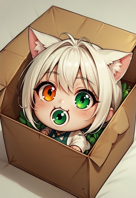 score_9, score_8_up, <lora:NSEyenom:1> NSEyenom, open mouth, eye in mouth, 1girl, <lora:chibi_box_b0xe_v2.1:1> b0xe,in box,chibi,cardboard box, heterochromia, green eyes, orange eyes, cat ears, white hair, cat tail, apron