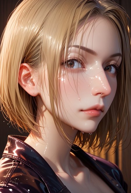 Short hair, hooked nose, big nose, Pakunoda, Blonde, Nose bridge , Jacket, Close-up details, realistic style photo Japanese young woman, dark hair, long hair, outstanding style, tall, cute, adult. Use soft lighting to cast gentle shadows on the subject, adding a touch of dimension to your images without compromising details, score_9, score_8_up, score_7_up, sweaty, wet, shiny skin, strict looking, haughty, open black jacket, no bra, big breast, breast movement, huge nose, hooked nose, nose bridge