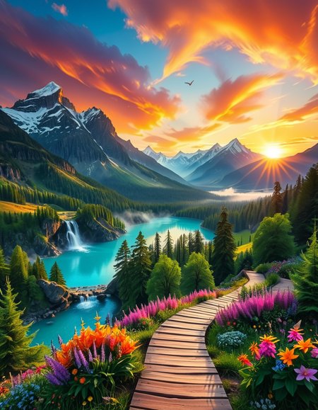 A breathtaking, high-resolution photograph of the most beautiful place on Earth, where natureâs wonders blend in perfect harmony. Towering, snow-capped mountains rise majestically in the background, their peaks glowing under the golden hues of a setting sun. Below, a crystal-clear turquoise lake reflects the colors of the sky, surrounded by lush, green forests filled with ancient trees, vibrant wildflowers, and cascading waterfalls. A soft mist rises from the valley, adding a dreamlike quality to the scene. In the distance, rolling meadows stretch toward the horizon, dotted with colorful flowers and serene wildlifeâgraceful deer grazing, birds soaring in the sky, and butterflies dancing in the breeze. A wooden footpath winds through the landscape, leading to a secluded, tranquil spot where the beauty of nature can be fully admired. The air is crisp and filled with the soothing sounds of rustling leaves, flowing water, and distant birdsong. The sky above is a masterpiece of colorsâdeep oranges, purples, and pinks blending seamlessly as the sun sets, casting a magical glow over this untouched paradise. The atmosphere is peaceful, awe-inspiring, and filled with a deep sense of wonder and tranquility, as if stepping into a perfect dream.
<lora:SDXLFaeTastic2400:0.4> <lora:extremely_detailed:0.4> extremely detailed, <lora:Earth_P4r4d1s3:1>,Earth P4r4d1s3, Masterpiece,best quality,hi res,8k,hi res,8k,award winning,(sharp focus, intricate, highly detailed),