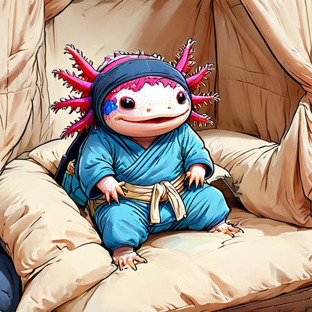 (simple colored cartoon lineart:1.5),  2d, <lora:axomodel2:1> axomodel2,  Axolotl wearing a ninja outfit in a pillow fort, attempting to sneak but knocking over the fort instead