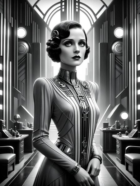 woman, office, futuristic, stylized, art deco, expressionist, 1920s, black and white <lora:Metropolis_Movie_Style_SDXL:0.8> mad-ropolis-movie, (masterpiece:1.2), best quality, (hyperdetailed, highest detailed:1.2), high resolution textures