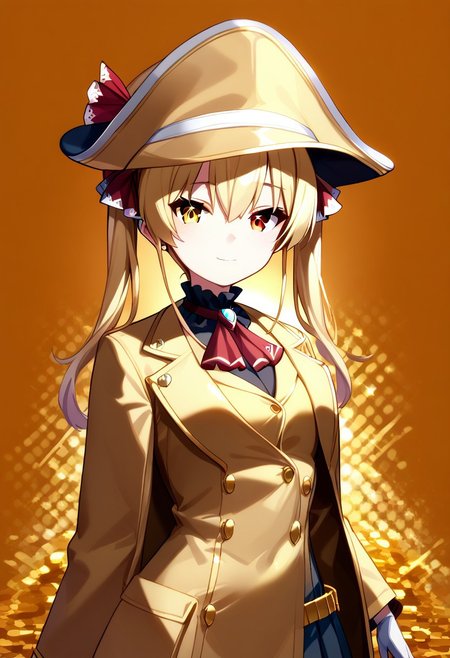 score_9, score_8_up, score_7_up, super aesthetic, rating:safe, rating:general, DeaverStyle, 1girl, solo, aua, red eyes, yellow eyes, heterochromia,  gold clothing, gold hat, fully-clothed, gloves, big coat, illustration, gold, cute, shiny skin, vivid colors, treasure room, gold treasure,