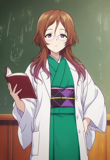 masterpiece, best quality, amazing quality, very aesthetic, absurdres,

1girl, solo, Arisu Himeno, brown hair, purple eyes, long hair, glasses, pink-framed eyewear, 

green kimono, japanese clothes, sash, obi, labcoat, 

holding a book, pose, hand on hips, chalkboard, green chalkboard, 

anime coloring, 


