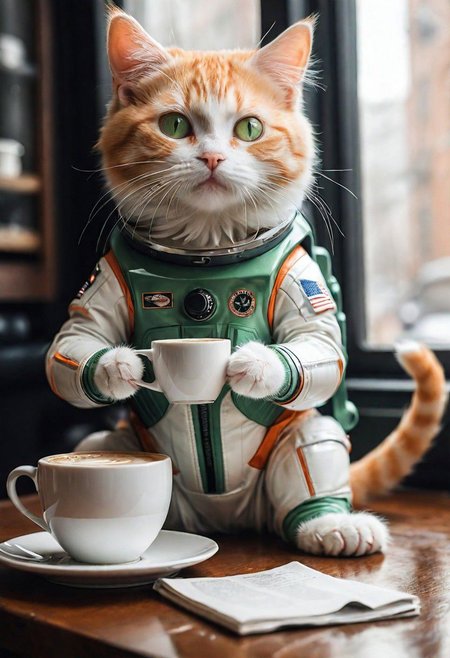 photo-realistic,
higly-detailed,
cat wearing a futuristic space suit,
serious expresssion
a orange and white kitty sipping a mug of hot coffee holding it with it's two front paws,
lapping up the coffee as if it were drinking water,
light green eyes,