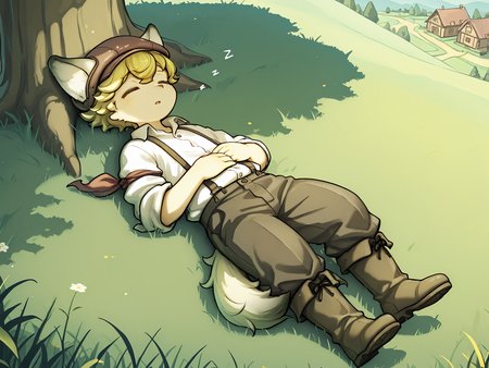 masterpiece, best quality, (absurdres), (highest quality), amazing quality, very aesthetic, no humans,
BREAK, <lora:Malt_Marzipan:1>, malt marzipan, fuga: melodies of steel, young male, 1boy, animal ears, yellow eyes, blonde hair, tail,
BREAK, boots, pants, shirt, suspenders, hat, 
BREAK, full body, outside, village in background, grass, tree, on back, sleeping, hands on stomach, peaceful sleep, closed eyes,