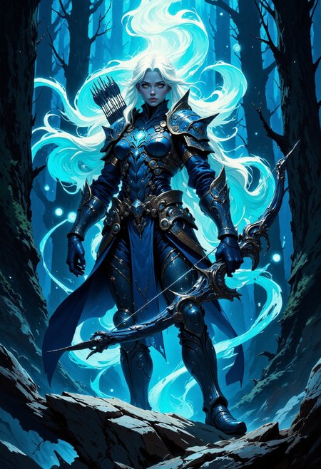 a female warrior standing on a rocky terrain. She has long, flowing white hair and is dressed in intricate, metallic armor with a dark blue and silver color scheme. Her skin is pale, and she holds a large, ornate bow in her left hand, with a quiver of arrows on her back. The background is a mystical forest with tall, dark trees and a glowing, ethereal light illuminating the scene from above. The atmosphere is otherworldly, with swirling blue energy orbs surrounding the warrior, adding a sense of magic and power. The composition is vertical, emphasizing the height and elegance of the character, with a focus on her poised and confident stance.
<lora:Anime v1.3:0.6> <lora:VividlyReal:0.6> <lora:FLUX-daubrez-DB4RZ-v2:0.4>