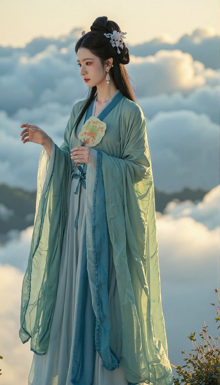 In this new masterpiece, a woman dressed in traditional Ming Dynasty attire stands gracefully against an ethereal background of clouds. Her long silk robe is adorned with blue and green hues, characteristic of the era's fashion. The wide sleeves, typical of Ming Dynasty design, flutter gently in the wind.  The woman now has her hair styled in a cascading braid, secured with jade hairpins that glint softly against the light. She wears elegant earrings crafted from pearls and delicate flowers, complementing her refined appearance. A silver hairpin holds her elaborate bun in place, highlighting her exquisite taste.  She holds a fan elegantly in one hand, as if about to wave it away, symbolizing her social status and grace. The scene is bathed in the soft glow of sunset, casting long shadows over the cloud sea beneath her. The lighting, naturalistic yet detailed, emphasizes her regal pose and attire, reminiscent of artists who specialized in Ming Dynasty court portraits.  This high-quality piece conveys a sense of cultural richness and the elegance of Ming Dynasty court life, with a refined nobility that transcends time. The masterful detailing captures the essence of its era, elevating this image to a high level of craftsmanship and artistry.. qingyi<lora:flux\ãéº¦æ©éè¡£ãMajicflus.safetensors:0.7000000000000001:0.7000000000000001> <lora:flux\majicbeauty1.safetensors:1.0:1.0>