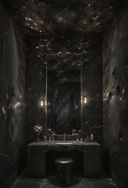 a burlesque dancer's dressing room within a crystal cavern; the cavern wall is dark onyx or obsidian, a pair frosted-glass marble sconces on the walls, on either side of the dressing room's vanity mirror. dark,